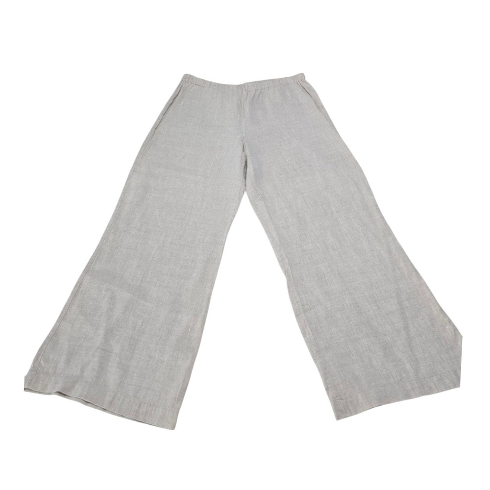 Chicos 100% Linen Wide Leg Pants Oatmeal Beige Elastic‎ Waist Size 2 L Large